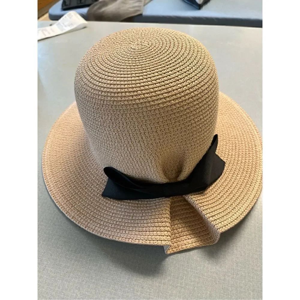 Hat pale pink paper braid black bow accent